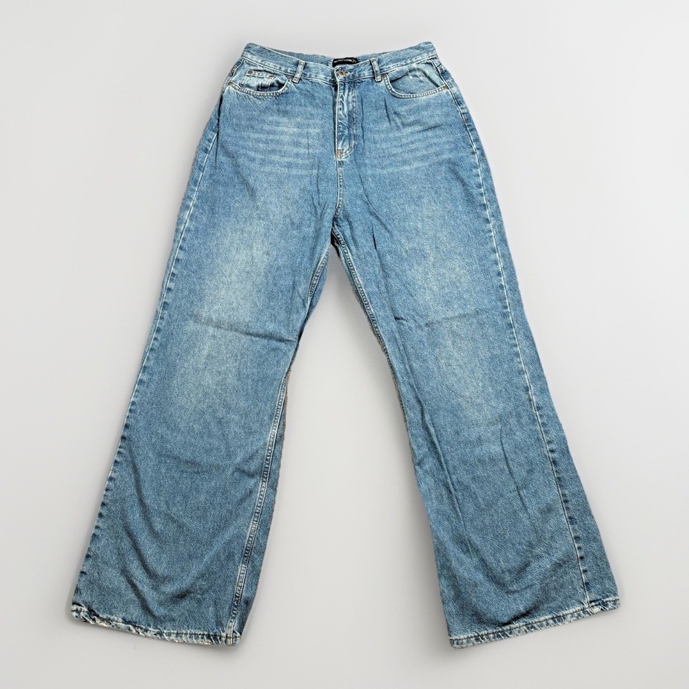 PrettyLittleThing‎ Wide Leg Jeans Womens Size 10 Blue High Rise Distressed Denim